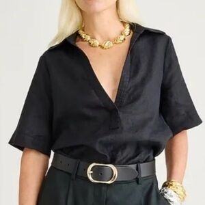 NWT J. Crew Bungalow Popover Top 100% Linen Black Blouse Resort Shirt Size M